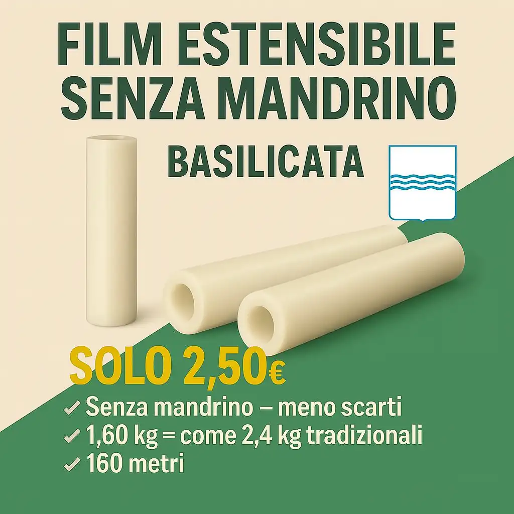Film estensibile senza mandrino per la Basilicata: 160 metri, 23 micron, ideale per imballaggi e logistica a Potenza, Matera, Melfi, Policoro e Pisticci.
