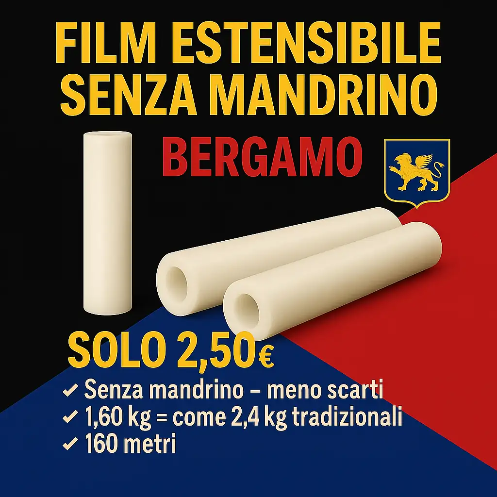 Film Estensibile Bergamo senza mandrino - 160 m × 23 µm Film estensibile senza mandrino per Bergamo: 160 metri, 23 micron, ideale per imballaggi e logistica a Dalmine, Treviglio, Seriate e nei poli industriali lungo l’A4 e la Brebemi.