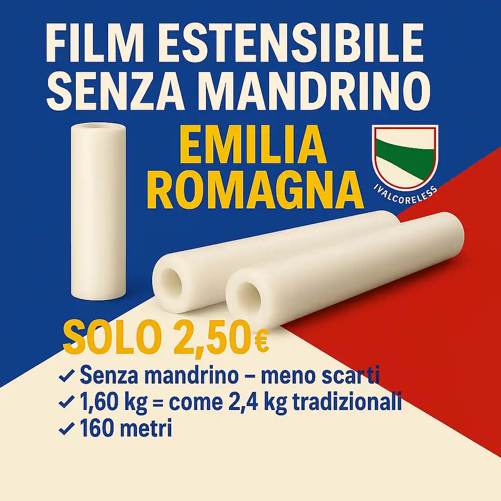Film estensibile senza mandrino per l’Emilia Romagna: 160 metri, 23 micron, ideale per imballaggi e movimentazione pallet a Bologna, Modena, Parma, Reggio Emilia e Rimini.
