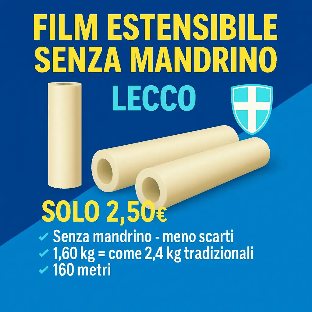 Film estensibile senza mandrino per Lecco e provincia: rotolo da 160 metri, 23 micron, perfetto per imballaggi industriali e logistiche di Merate, Calolziocorte, Valmadrera, Oggiono e zone del Lago di Como.