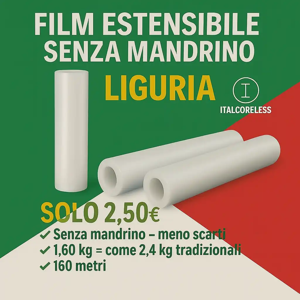 Film estensibile senza mandrino per la Liguria: 160 metri, 23 micron, ideale per imballaggi e logistica a Genova, La Spezia, Savona e Imperia