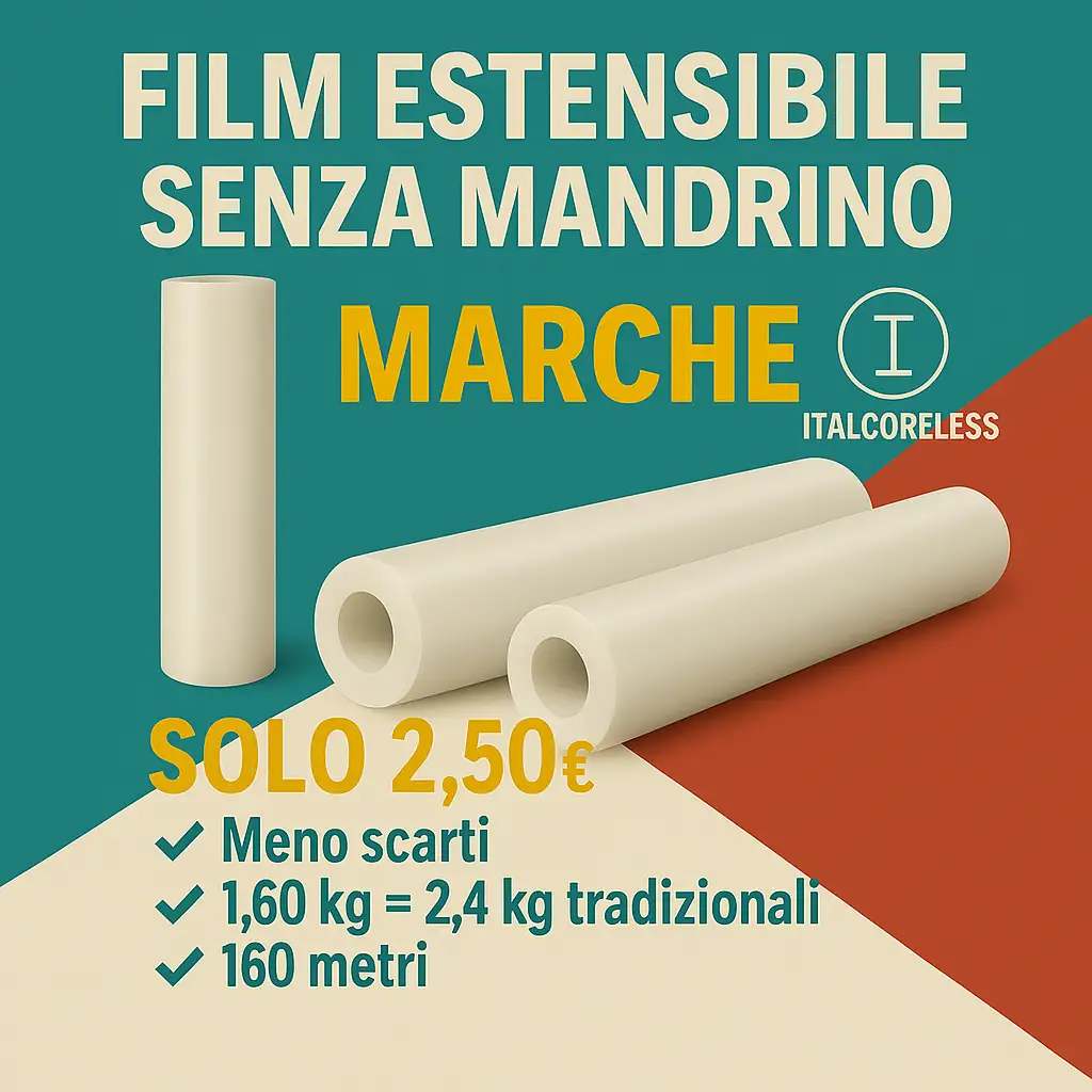 Film Estensibile Marche senza mandrino - 160 m × 23 µm Film estensibile senza mandrino per le Marche: 160 metri, 23 micron, ideale per imballaggi e logistica ad Ancona, Pesaro, Macerata, Fermo e Ascoli Piceno