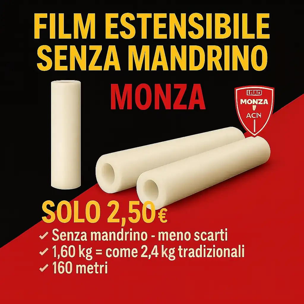 Film estensibile senza mandrino per Monza e Brianza: rotolo 160 metri, 23 micron, ideale per imballaggi e logistica a Lissone, Desio, Seregno, Vimercate e lungo SS36 e Tangenziale Nord.