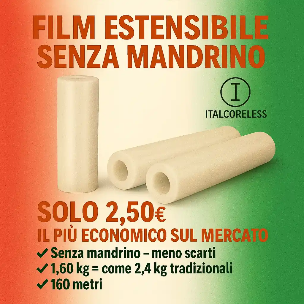 Film estensibile senza mandrino Italcoreless, 160 metri x 23 micron, ideale per imballaggi e logistica in Puglia