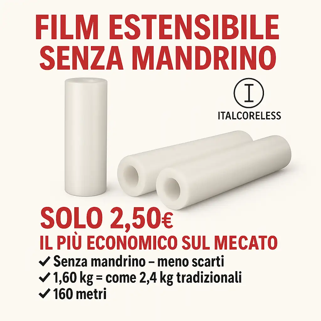 Film estensibile senza mandrino, 160 metri, 23 micron, ideale per imballaggi in Sardegna