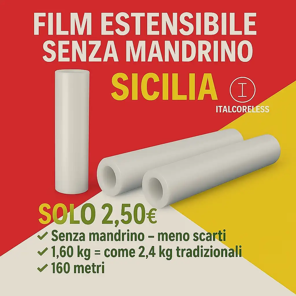 Film estensibile senza mandrino per la Sicilia: 160 metri, 23 micron, ideale per imballaggi a Palermo, Catania, Messina e province