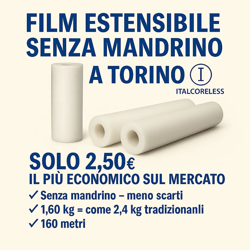 Film estensibile senza mandrino, 160 metri, 23 micron, ideale per imballaggi a Torino e provincia