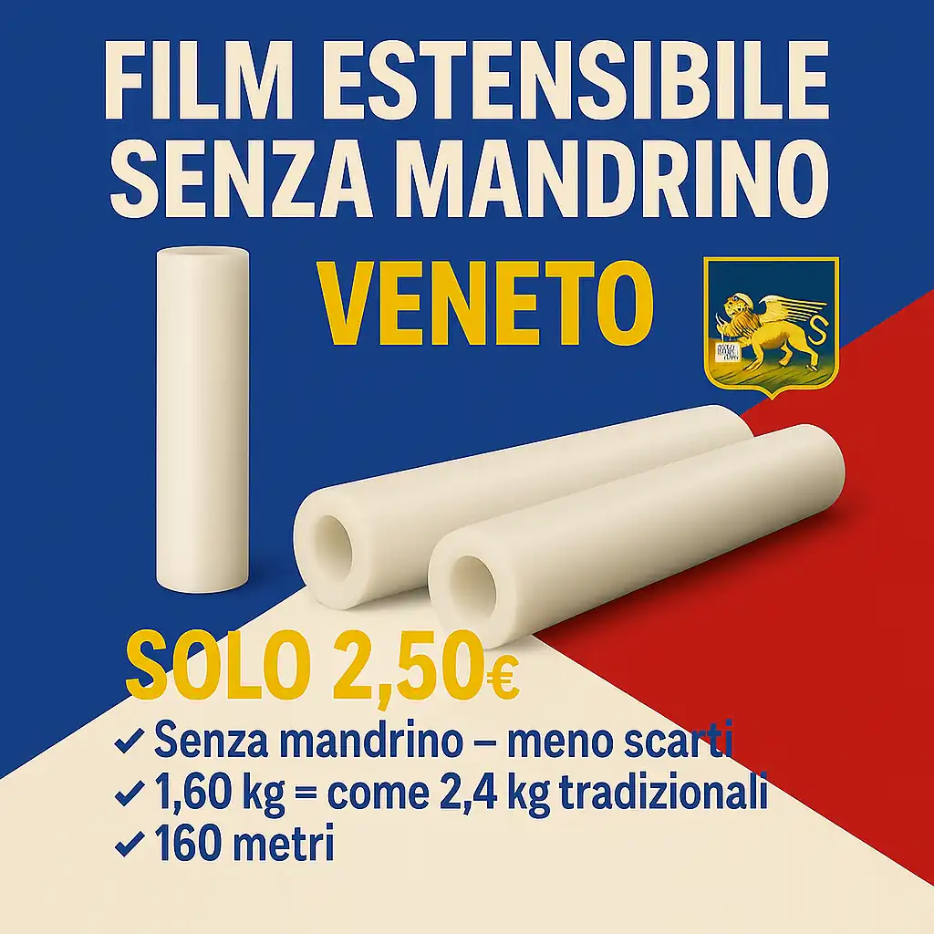 Film Estensibile Veneto senza mandrino - 160 m × 23 µm Film estensibile senza mandrino per il Veneto: 160 metri, 23 micron, ideale per imballaggi e logistica a Padova, Verona, Vicenza, Treviso e Venezia (assi A4 e Romea)